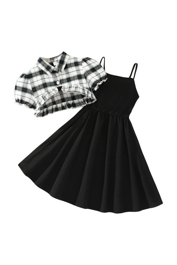 Girls Clothes Fashion Summer Short Sleeve Plaid Crop Top And Solid Color Cami Dresses 2Pcs Outfits Set Tween Girls Fashion Clothing Sets 9-10 Years