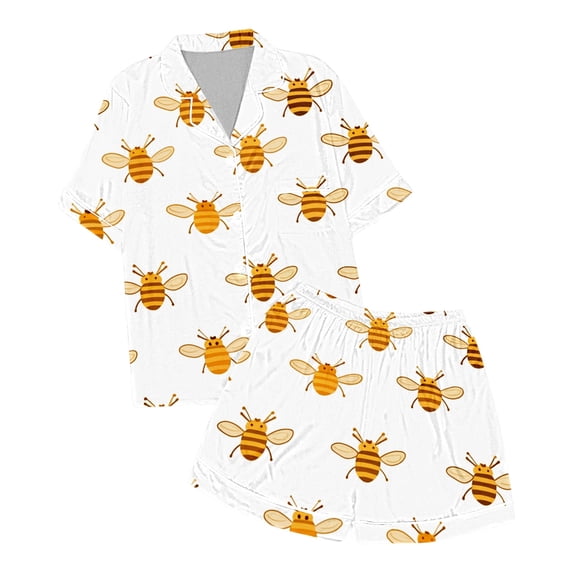 NAFUU Girls Clothes Little Girl Outfits Cute Bee Print Short Sleeve Lapel Shirts With Pocket And Shorts Comfortable Breathable Sleep Set Summer Outfits For Girl 4-5 Years