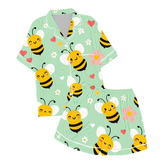 NAFUU Girls Clothes Little Girl Outfits Cute Bee Print Short Sleeve Lapel Shirts With Pocket And Shorts Comfortable Breathable Sleep Set Summer Outfits For Girl 8-9 Years