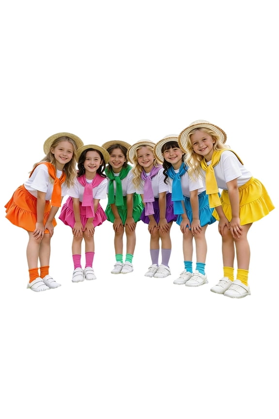 Girls Clothes Little Girl Outfits Solid Color O-Neck Short Sleeve Tops And Skirt Scarf Socks Performance Outfit Cheerleader Dance Show Girls' Clothing Sets 5-6 Years