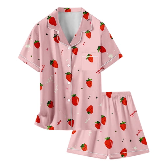 NAFUU Girls Clothes Little Girl Outfits Strawberry Print Short Sleeve Lapel Shirts With Pocket And Shorts Comfortable Breathable Summer Sleep Set Outfits For Girls 2-3 Years