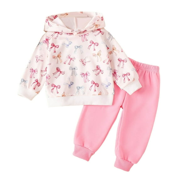 NAFUU Girls Clothes Pants Set Soft Hooded Tracksuit For Baby Girls With Bow Print Cozy Winter Outfit Long Sleeve Top And Pants Versatile Dailywear 9-12 Months