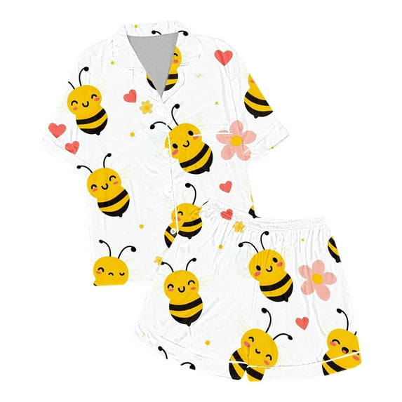 NAFUU Girls Clothes Summer 2 Piece Outfits Cute Bee Print Short Sleeve Lapel Shirts With Pocket And Shorts Comfortable Breathable Sleep Set Spring Outfits For Girl 2-3 Years