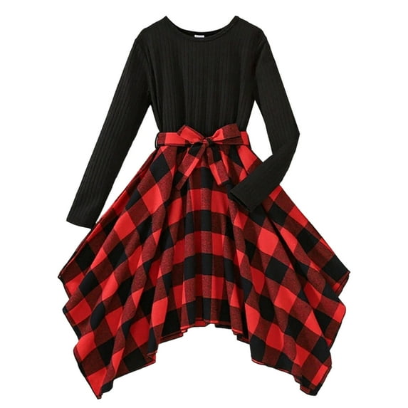 NAFUU Girls Dresses Long Sleeve Plaid Patchwork Dress With Belt Asymmetrical Hem Dresses School Party Dress Fall Outfit For Kids Sundress 7-8 Years
