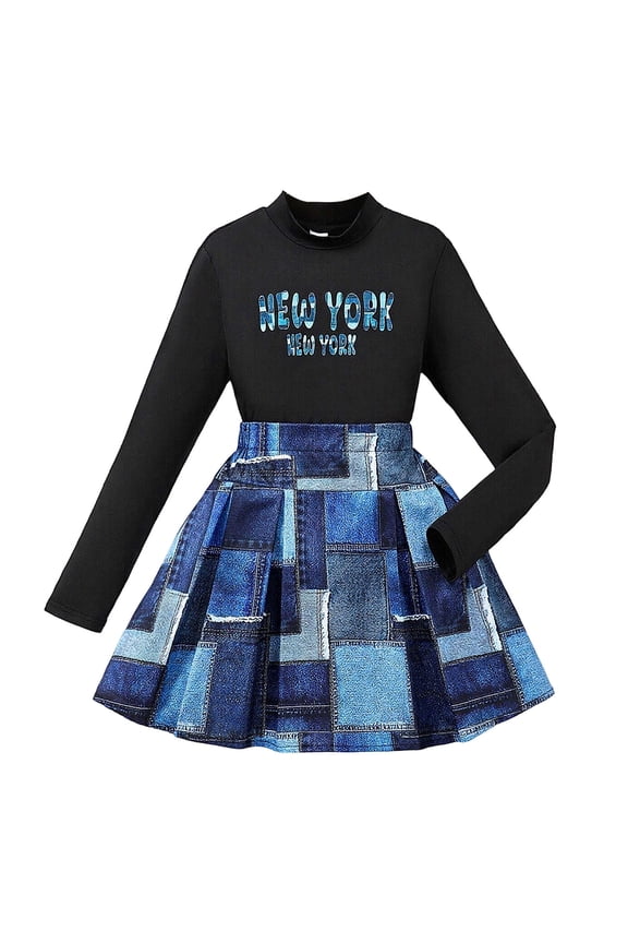 Girls Fall Winter Outfits Tween Girls Clothes Letter Print Long Sleeve Shirt Tops And Colorful Denim Skirt Set 2 Piece Girl's Casual Wear 9-10 Years
