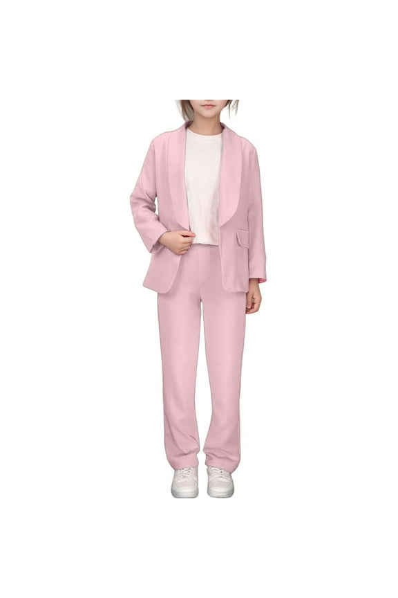 Girls Formal Suit Set Fashion Girls 2 Piece Outfits Solid Color Lapel Suit Open Front Long Sleeve Blazer Jacket And Pants Suit Set Trendy Elegant 5-6 Years