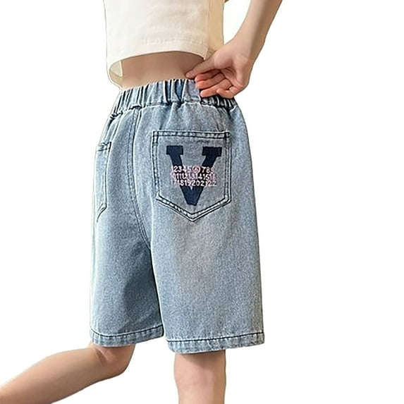 NAFUU Girls Jean Shorts Cute Vintage Denim Shorts For Teen Straight Leg Shorts Casual Elastic High Waist Denim Shorts With Pocket 7-8 Years