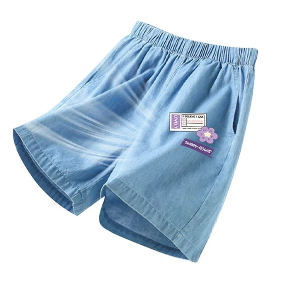 NAFUU Girls Jean Shorts Girls Jeans Shorts Denim Bermuda Elastic Waist Pull On Shorts Thin Summer Denim Shorts For Kids 4-5 Years