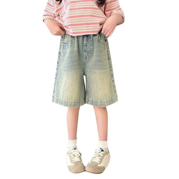 NAFUU Girls Jeans Shorts Denim Bottom Elastic Waist Girls Denim Shorts Lightweight Trendy Summer Bermuda Shorts For Kids 11-12 Years