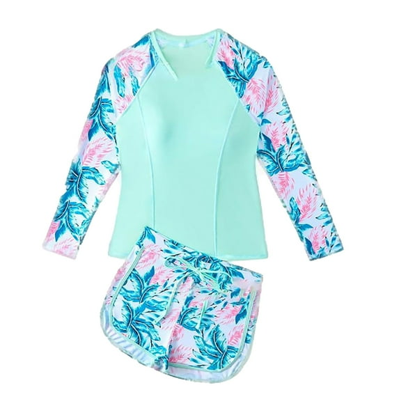 NAFUU Girls Long Sleeve Rash Guard Swimsuits 2 Piece Bathing Suit Sun Protection Summer Swimwear Kids Athletic Tankini Swimsuit 11-12 Years