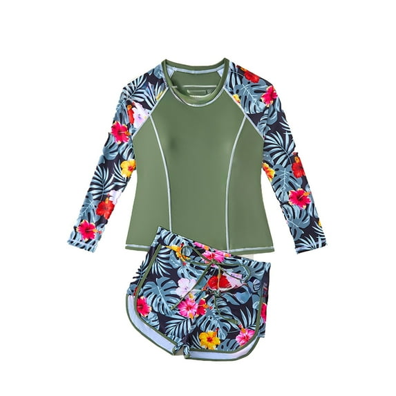 NAFUU Girls Long Sleeve Rash Guard Swimsuits 2 Piece Bathing Suit Sun Protection Summer Swimwear Kids Athletic Tankini Swimsuit 13-14 Years