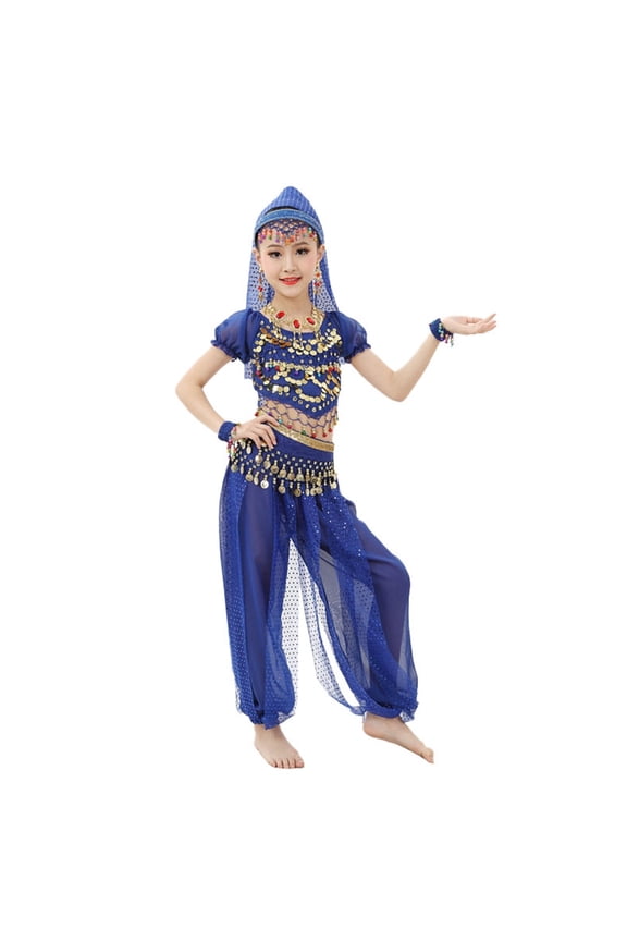 Girls Summer 3 Piece Outfits Sequin Mesh Short Sleeve O-Neck Top With Pants And Waist Chain Belly Dance Show Set Going Out Outfits For Girl Sizes 7-8 Years