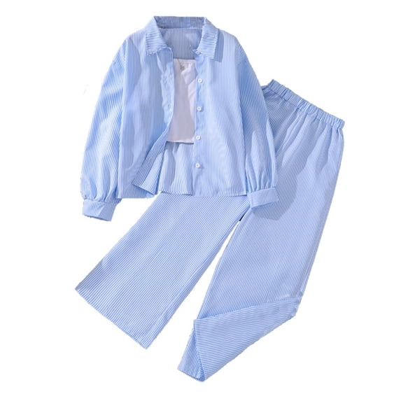 NAFUU Girls Summer Outfits Set Long Sleeve Striped Button Down Shirts And Wide Leg Pants 2 Piece Clothes Set Comfort Vacation Outfits For Girls 8-9 Years