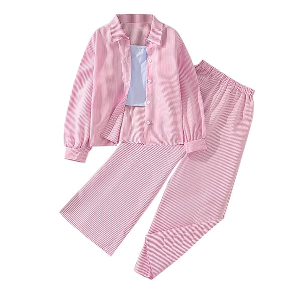 NAFUU Girls Summer Outfits Set Long Sleeve Striped Button Down Shirts And Wide Leg Pants 2 Piece Clothes Set Trendy Workout Sets For Girls 11-12 Years