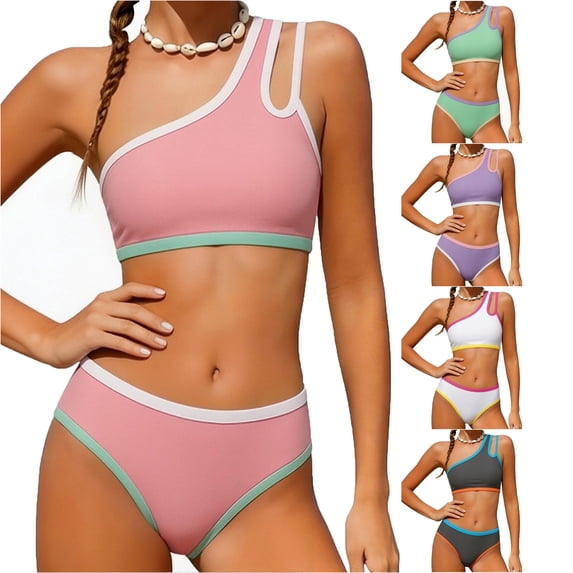NAFUU Girls Swimsuit 2 Piece Bikini Sets One-Shoulder Bathing Suit Girls Color Block Bikini Swimsuit Kids Summer Swimwear Beach Swimming Suits 9-10 Years
