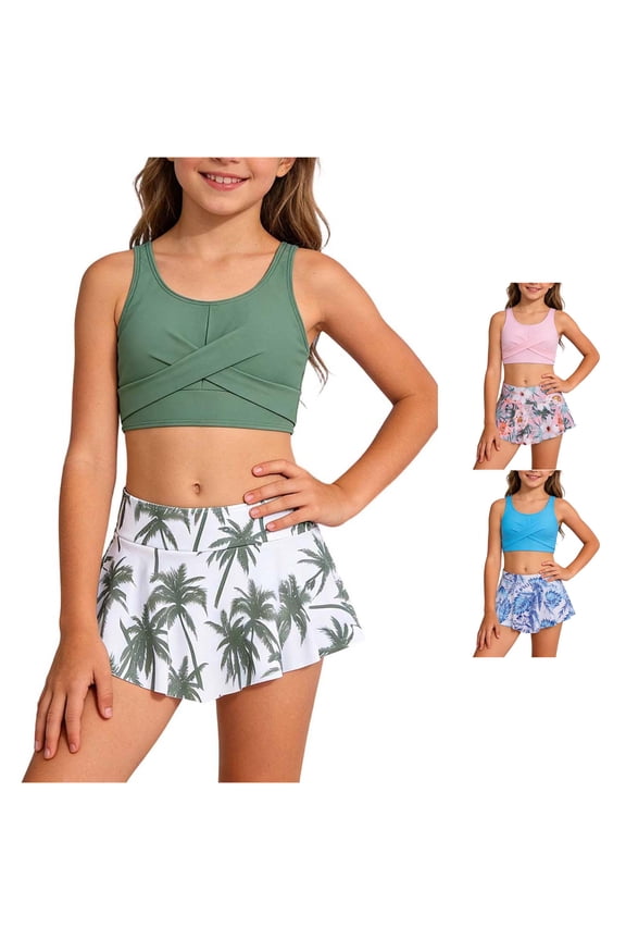 Girls Swimsuit 2 Piece Tankini Swimsuits With Printed Skirt Bathing Suits For Tween Girls Summer Casual Sporty Swimwear Beach Swim Suit 11-12 Years