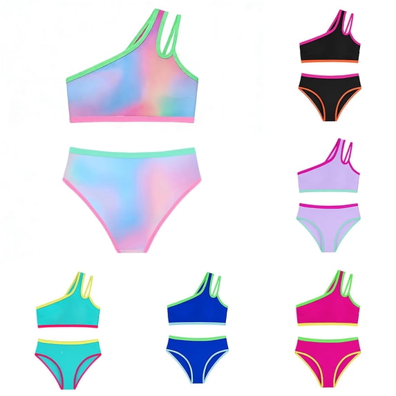 NAFUU Girls Swimsuit One-Shoulder Bathing Suit Color Block Bikini Swimwear Girl'S Two Piece Swimsuits Summer Beach Swimming Suits Trendy Clothes 7-8 Years