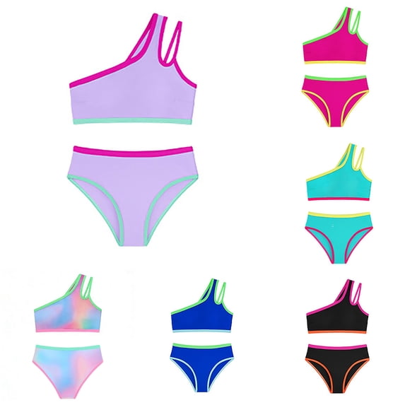 NAFUU Girls Swimsuit One-Shoulder Bathing Suit Color Block Bikini Swimwear Girl'S Two Piece Swimsuits Summer Beach Swimming Suits Trendy Clothes 7-8 Years