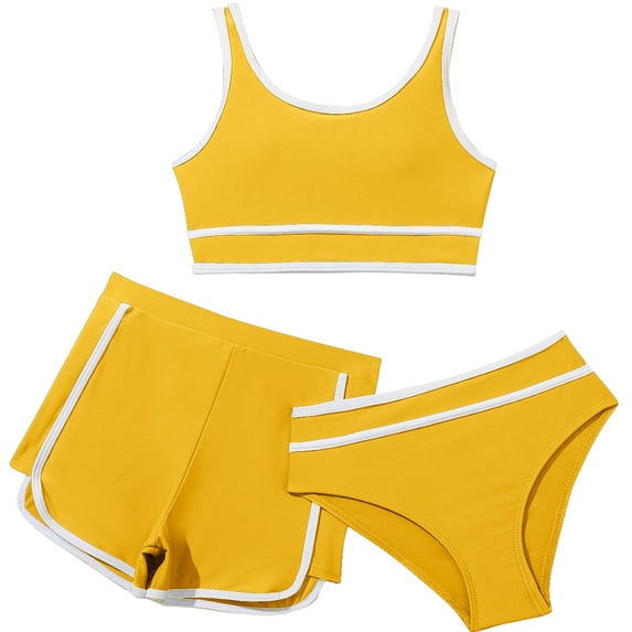 NAFUU Girls Swimsuit Solid Color With Striped Bikini Swim Suits With Shorts 3 Piece Sport Bathing Plus Size Bathing Suit For Girl Sizes 13-14 Years