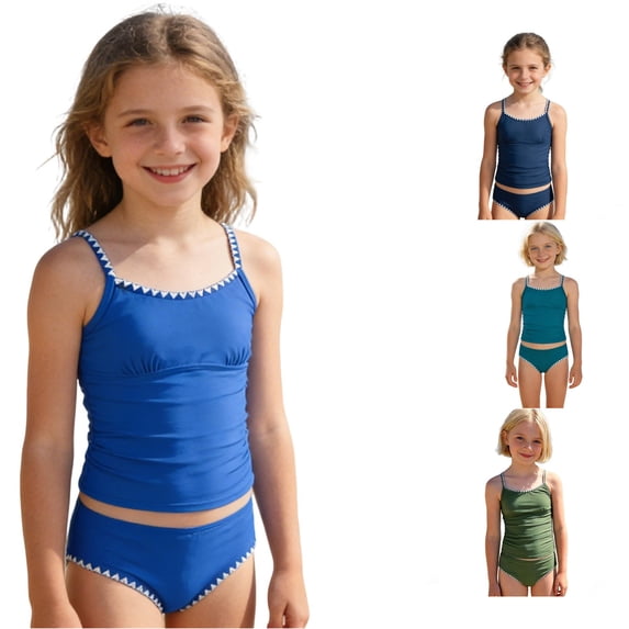 NAFUU Girls Swimsuit Tankini Sets Solid Color Contrast Trim Swimwear 2 Piece Bathing Suit Tankini Top And Bikini Bottoms Summer Big Girls Swimsuits 10-11 Years