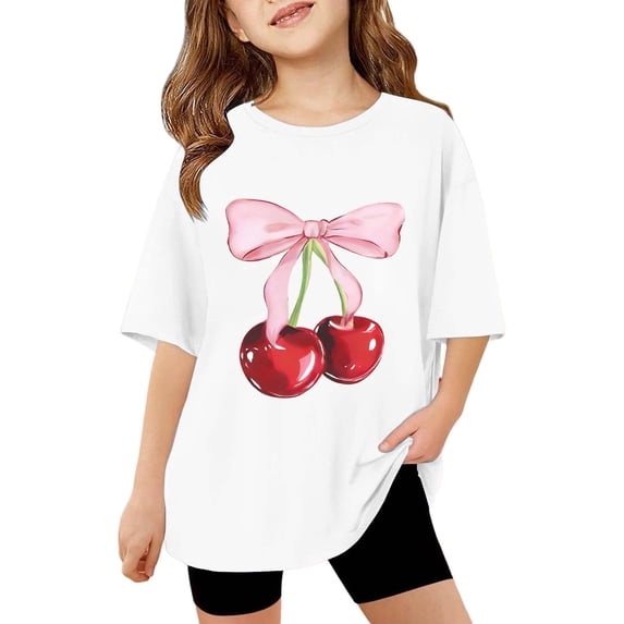 NAFUU Girls T Shirts Cherry Bow Print Short Sleeve O-Neck Tee For Kids Lightweight Casual Top Everyday Wear Cute Summer Clothes For Girl 12-24 Months