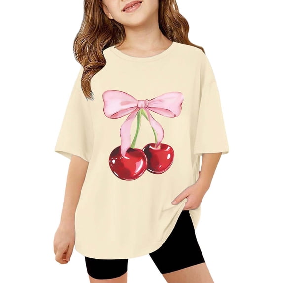 NAFUU Girls T Shirts Cherry Bow Print Short Sleeve O-Neck Tee For Kids Lightweight Summer Casual Top Everyday Wear Soft T Shirts For Girl 12-24 Months