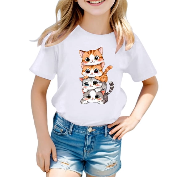 NAFUU Girls T Shirts Kid Cute Cat Prints Round Neck Short Sleeve Tees Summer Casual Stylish T-Shirt Blouses For Girls Sizes 5-6 Years