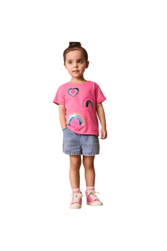 Girls T Shirts Love Heart Rainbow Sequin Prints Blouse Round Neck Heart Short Sleeve T-Shirts Fashion Casual Top Comfort Summer Tops For Girl 6-7 Years