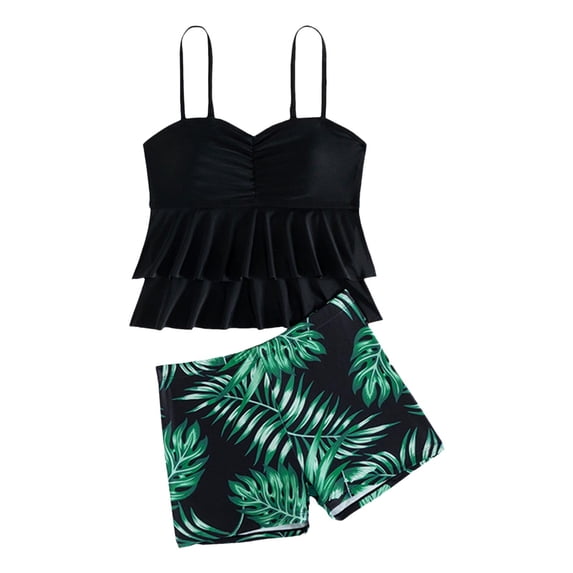 NAFUU Girls Tankini Swimsuits Two Piece Tropical Print Bathing Suit Ruffle Top And Shorts Set Adjustable Straps Swimwear 15-16 Years