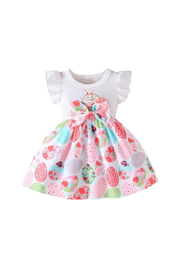 Kid Girls Dress Crew Neck Easter Bunny Print Summer Dresses Flutter Sleeves Allover Floral For Infant Toddler Tween Girls Dresses Formal,Pink,3-6 Months