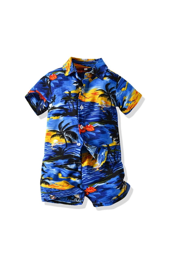 Kids Boys Summer 2 Pieces Set Coconut Tree Sunset Print Short Sleeve Lapel Flower Shirt And Shorts Casual Sets Beachwear Outfit Sets For Boys 6-7 Years