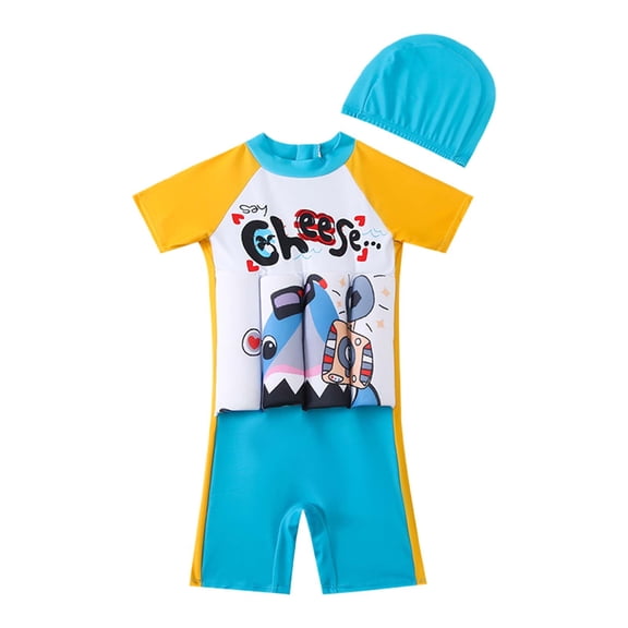 NAFUU Kids Floatation Swimsuits Boys Girls One Piece Float Suit Short Sleeve Buoyancy Swimwear With Cap Learning Swimming Training Suit 7-8 Years