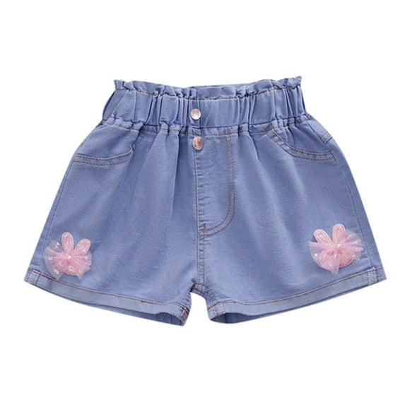 NAFUU Kids Girls Summer Denim Shorts Elastic High Waisted Wide Leg Baggy Denim Shorts Flower Bow Embroidery Summer Jeans Short 11-13 Years