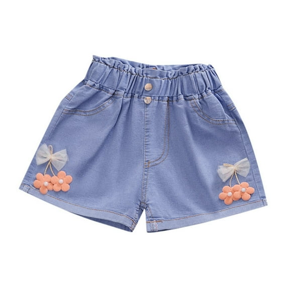 NAFUU Kids Girls Summer Denim Shorts Elastic High Waisted Wide Leg Baggy Denim Shorts Flower Bow Embroidery Summer Jeans Short 3-4 Years