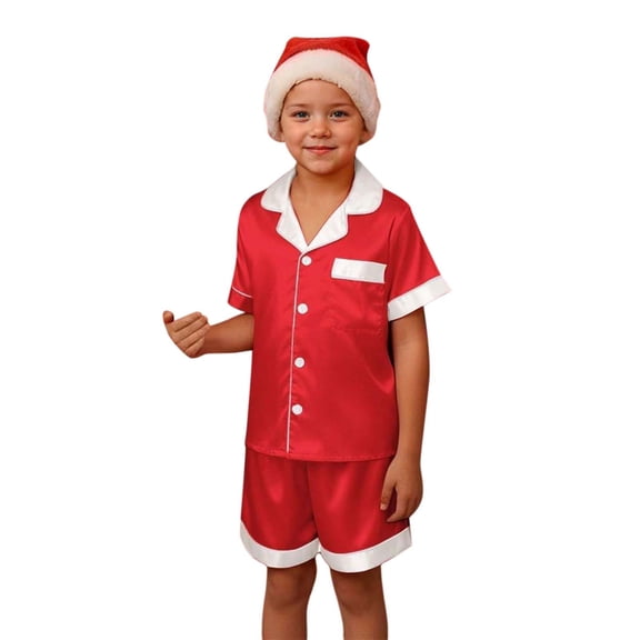 NAFUU Kids Matching Family Christmas Outfit Girls Satin Pajamas Short Sleeve Button Down Top And Shorts Suit Comfy Sleepwear Loungewear Outfits 10-11 Years