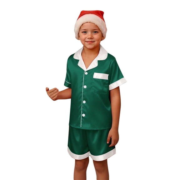 NAFUU Kids Matching Family Christmas Outfit Girls Satin Pajamas Short Sleeve Button Down Top And Shorts Suit Comfy Sleepwear Loungewear Outfits 2-3 Years