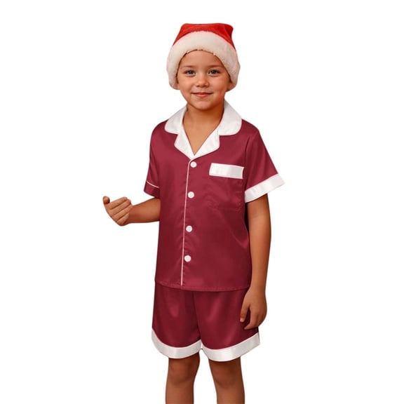NAFUU Kids Matching Family Christmas Outfit Girls Satin Pajamas Short Sleeve Button Down Top And Shorts Suit Comfy Sleepwear Loungewear Outfits 4-5 Years