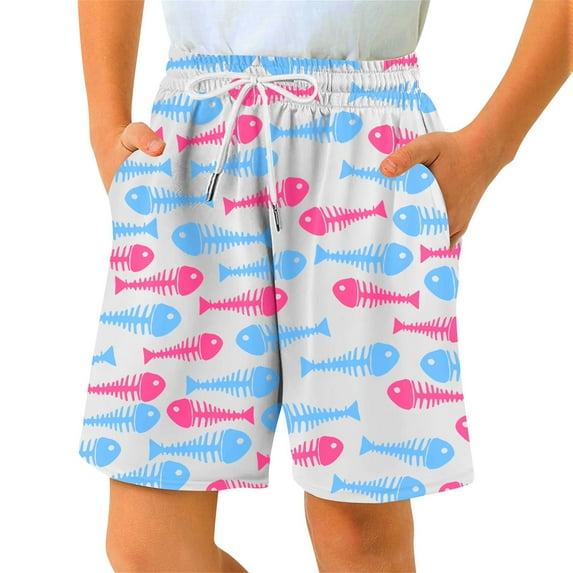 NAFUU Kids Summer Casual Shorts Fishbone Print Stretchy Elastic Waist For Active Kids Outdoor Play Everyday Wear Workout Shorts For Boys Sizes 13-14 Years