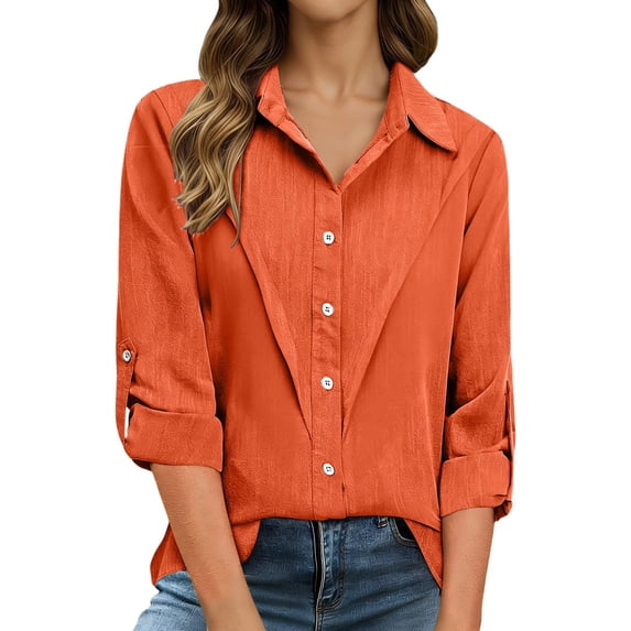 NAFUU Ladies Blouse Lapel Elegant Solid Color Long Sleeve Classic Collar Everyday Workwear Clean Button Front Cute Tops