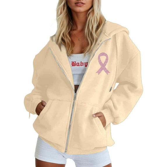 NAFUU Ladies Breast Cancer Zip Hoodie Women's Full Zip Up Hoodies Pink Ribbon Print Long Sleeve Hooded Sweatshirts Jackets