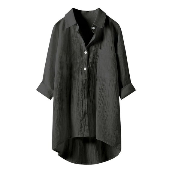 NAFUU Ladies Shirts Lapel Casual Solid Color Button Up Collared Three-Quarter Sleeve Shirts For Women