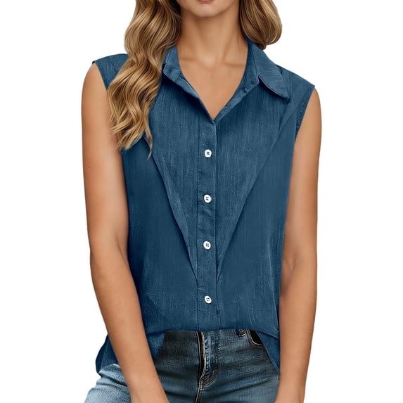NAFUU Ladies Shirts Lapel Elegant Sleeveless Clean Button Front Solid Color Tailored Collar Lightweight Breathable Summer Ladies Tops And Blouses