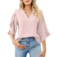 thumbnail image 1 of NAFUU Ladies Shirts Solid Color Chiffon V-Neck Loose Lace Trimmed Petal Sleeves Lightweight Summer Shirts For Women, 1 of 6