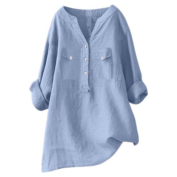 NAFUU Ladies Shirts V-Neck Classic Button Down Long Sleeve Solid Color Casual With Pocket Pointed Collar Blouses For Women Trendy