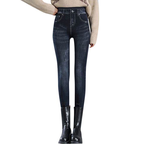 NAFUU Leggings For Women Autumn Winter Outer Wear Denim High Waisted Tight Fitting Pocket Leggings High Stretch Pull-On Jeggings Casual Pants Stretch Leggings