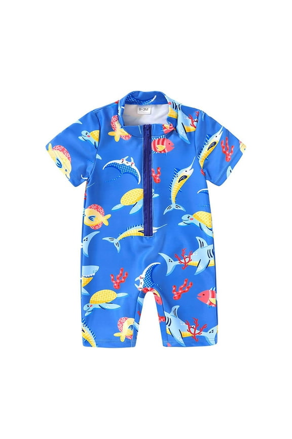 Little Boys Swimsuit Rash Guard Short Sleeve Cartoon Prints Sunsuits Sun Protective Bathing Suits Swimsuits For Baby Boy Sizes 6-12 Months