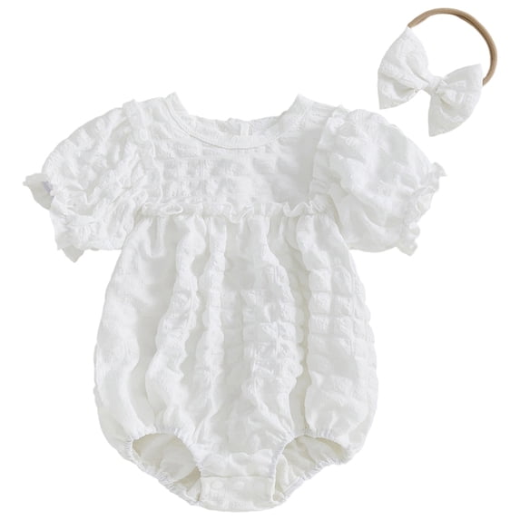 NAFUU Little Girls Romper Solid Color Smocked Short Sleeve O-Neck Baby Romper Casual Playsuit Rompers For Girls Dressy