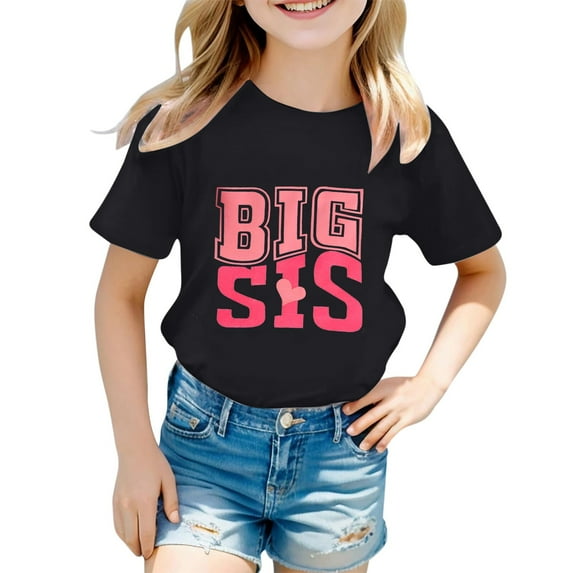 NAFUU Little Girls T Shirts Big Sister Shirt Baby Girl Letter Print Round Neck Short Sleeved T Shirt Tops Trendy Summer Tees 3-4 Years