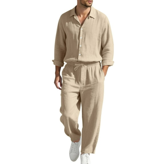 NAFUU Men's 2 Piece Outfit Mens Linen Sets Long Sleeve Button Down Shirt And Pants Set Solid Color Summer Thin Beach Outfits Athletic Tracksuit Set