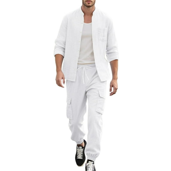 NAFUU Men's 2 Piece Outfits Summer Relaxed Fit Walking Suit Casual Solid Color Linen Long Sleeve Shirt And Pants Set Athletic Jogging Outfits